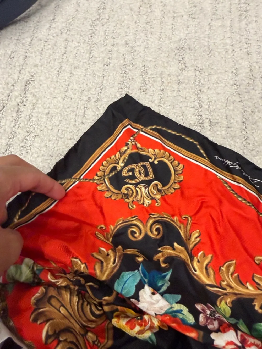 Dolce & Gabbana Black & Red Floral Baroque Silk Scarf - Picture 7 of 7